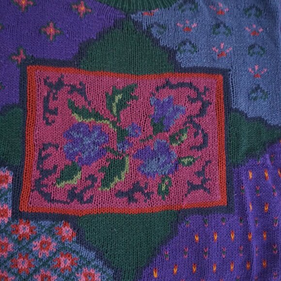 Vintage Woolrich Purple Green Floral Knit Cotton Blend Crewneck Sweater L - Picture 9 of 10